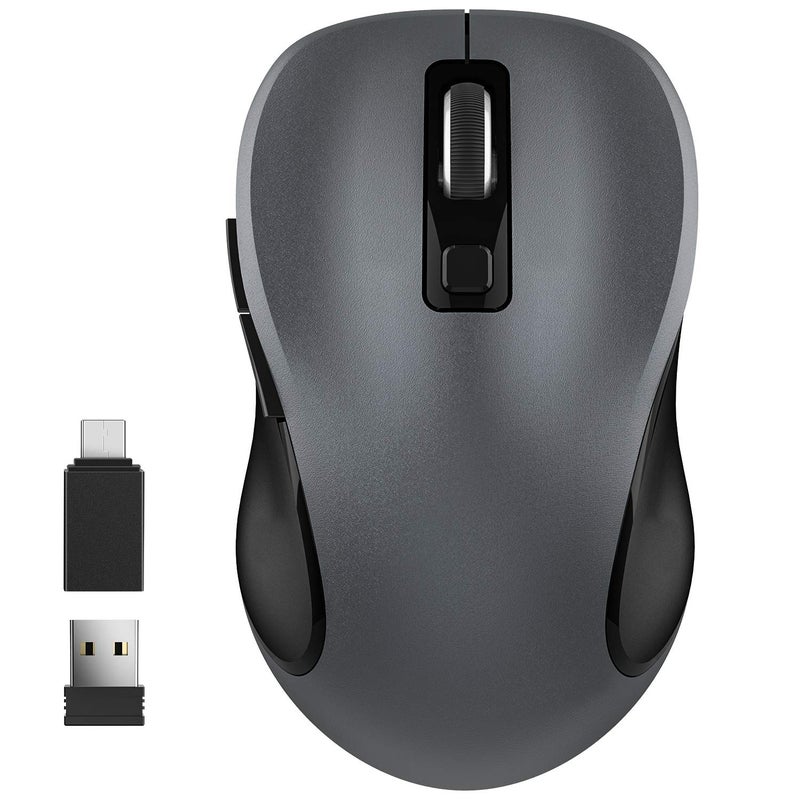 WisFox 2.4G Wireless Mouse for Laptop, Ergonomic Computer Mouse with USB Receiver and Type-C Adapter, 3 Adjustable Levels, 6 Button Cordless Mice for Windows Mac PC Notebook (Grey and Black) - Image 1